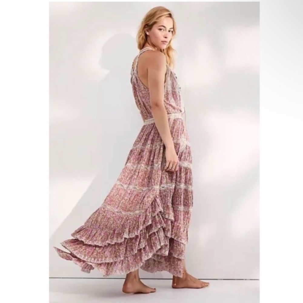 NWT free people printed dolly maxi dress lace pink size L